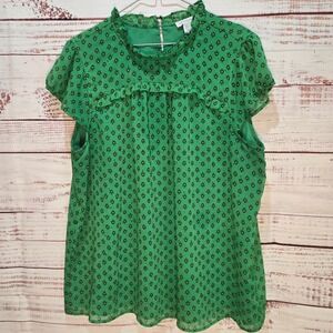 Carolina Belle Montreal Green‎ Floral Ruffle Metallic Blouse XL Short Sleeve
